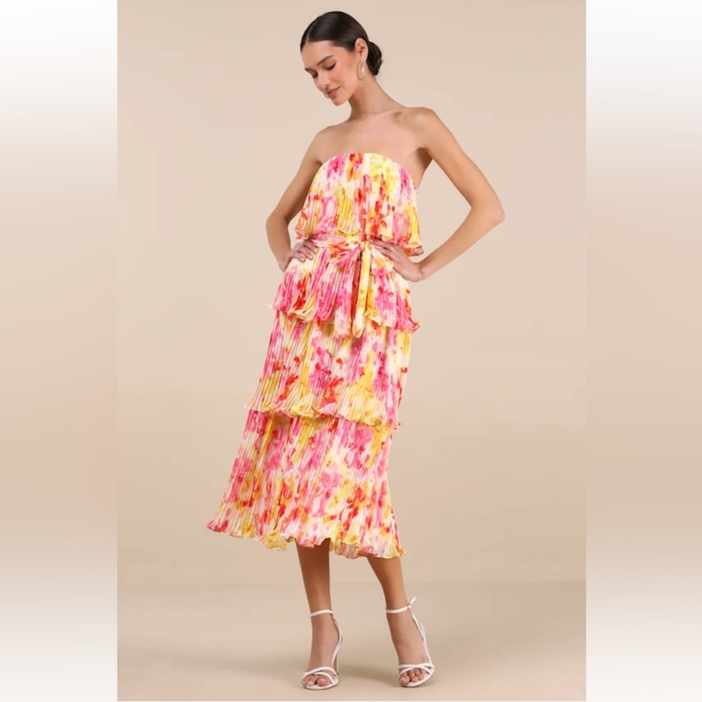 Nessa Yellow and Pink Abstract Plisse Tiered Midi Dress